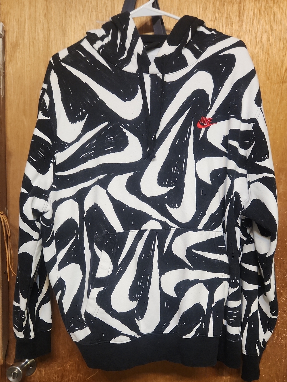 Nike Men’s Black & White Zip-Up Hoodie with Red Logo